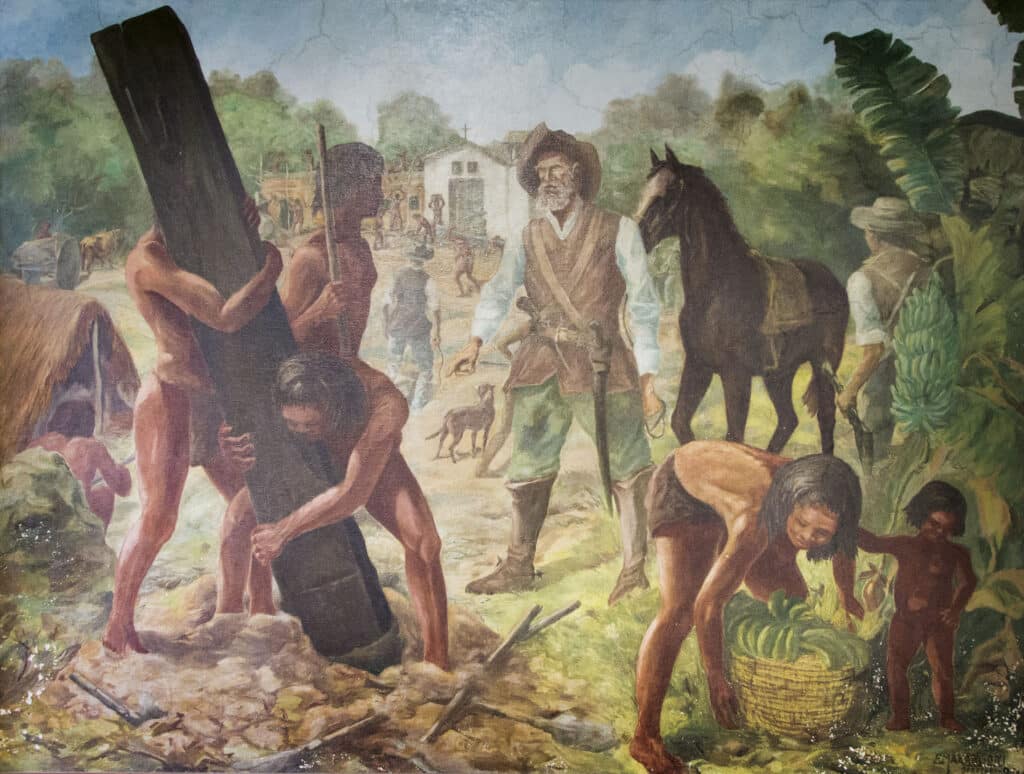 Pintura retrata bandeirante comandando indígenas escravizados